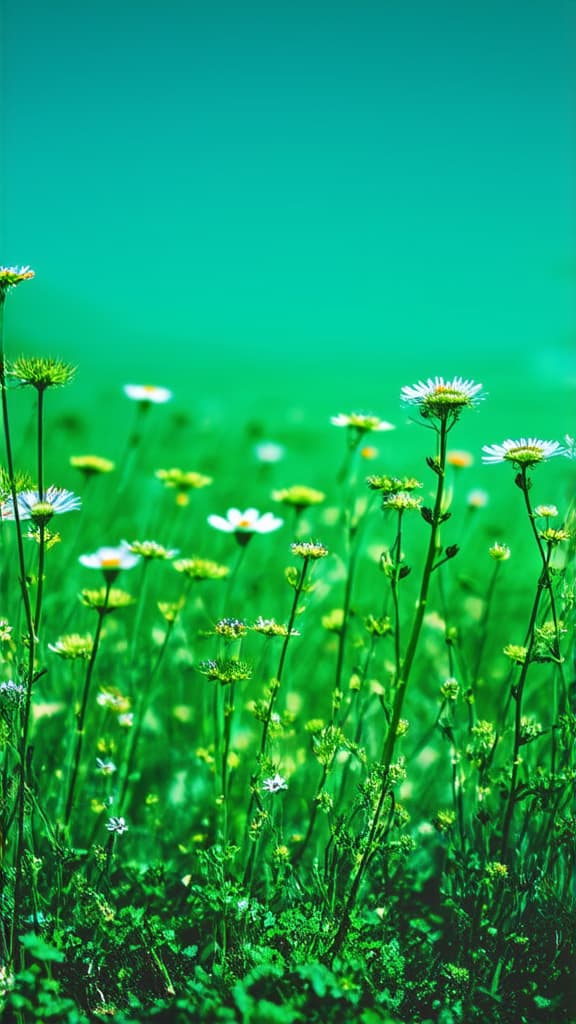  professional detailed photography, light photo in green tones, spring, everything is blooming and coming to life, wallpaper, flowers in the foreground, blue sky ar 9:16, (muted colors, dim colors, soothing tones), (vsco:0.3)