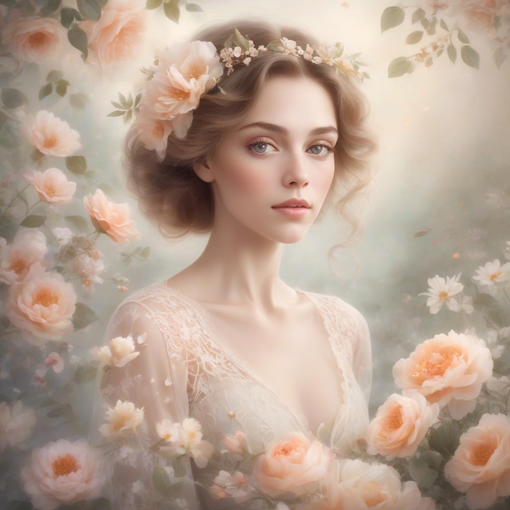  a dreamy portrait of a woman surrounded by a soft floral motif, exuding a serene, ethereal beauty. mrs. robinson, you’re trying to seduce me. aren’t you? portrait of a stunning lady in a serene magical ethereal floral arrangement with soft focus and delicate transparent petals, cream and peach colored lace, a touch of dreamy soft tones, misty background, a perfect masterpiece