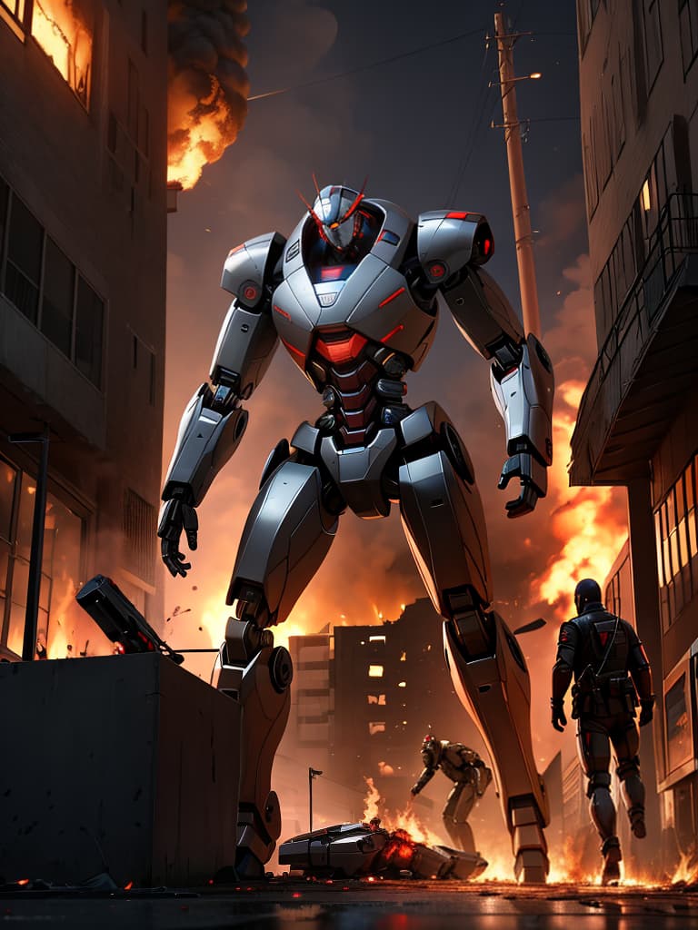  A battle between man and AI Robots, a deluge of burning buildings, blood and bodies litter the street.