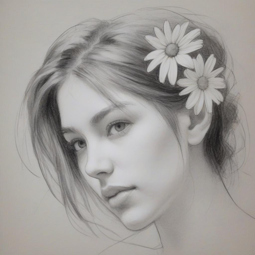  the sketch is unfinished. (a thick charcoal sketch: 1.3). a close up of a beautiful female face. one white daisy in her hair. outlines. a strand of hair. pencil strokes. (the effect of unfinished: 1.3). minimalism. harmony of simplicity. in the manner of pyotr sokolov's watercolor portraits.