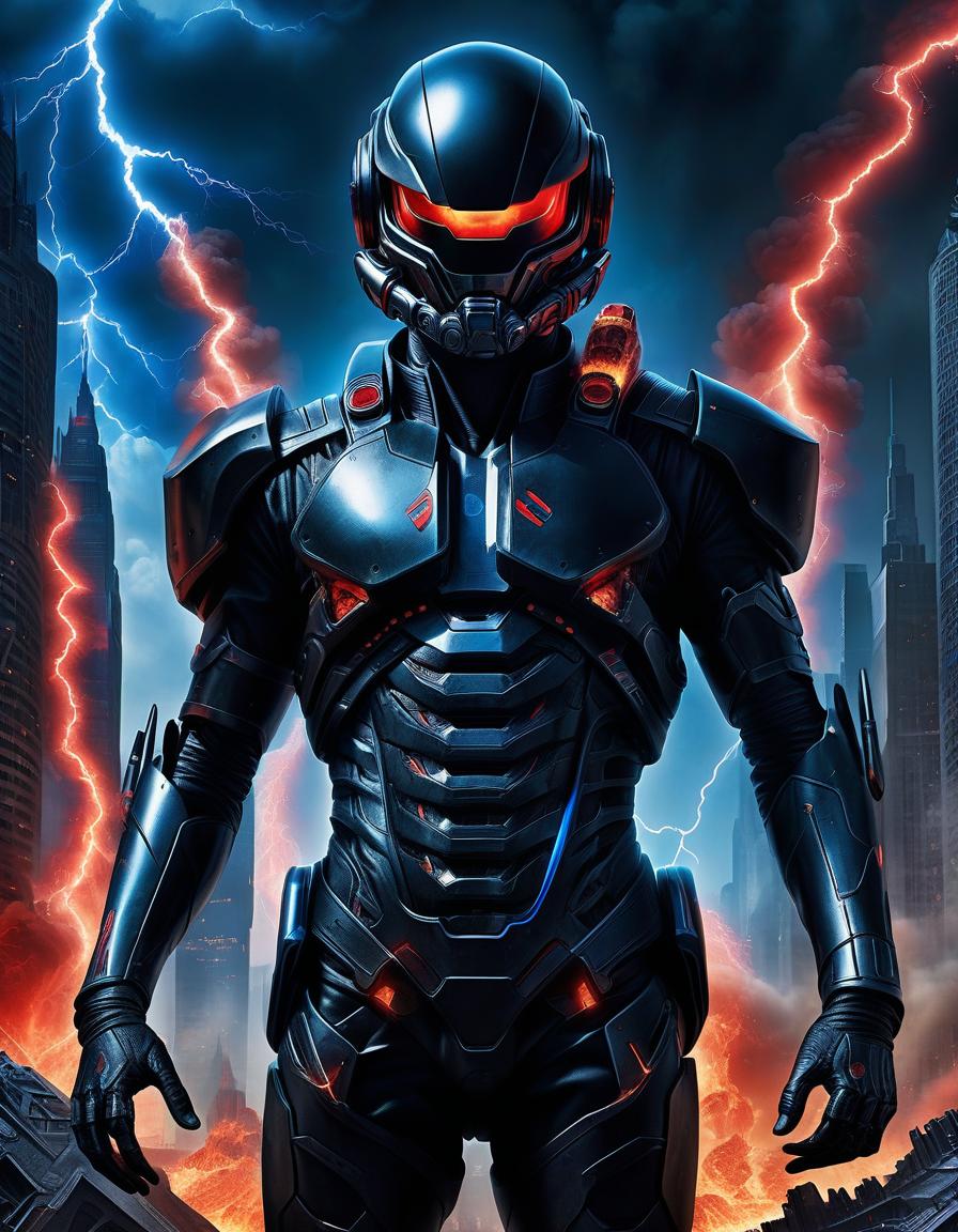  book cover: a man in a black exoskeleton wearing a helmet, standing with his arms crossed over his chest. very detailed and detailed model. the confrontation of red fire and blue lightning. background, an alien city