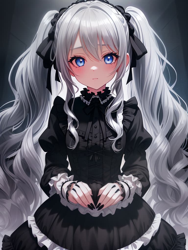  ((cute,silver hair,blue eyes,beautiful,pretty girl,wavy hair,twin tails,black ribbon,gothic lolita,gothic and lolita,gothic,black dress,black frills,lovely))、ultra detailed,best shadow,cute and beautiful face,(masterpiece:1.2),(best quality:1.2),detailed background,high contrast,(best illumination,an extremely delicate and beautiful),((cinematic light)),hyper detail,dramatic light,intricate details,8k,anime,very aesthetic