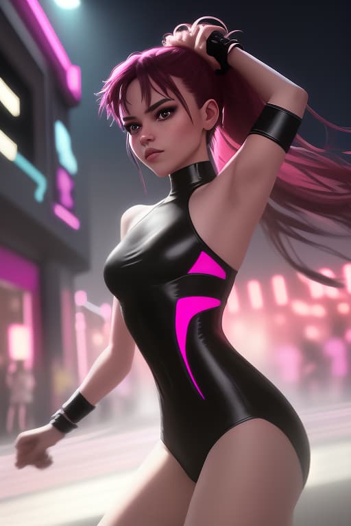  a climbing over a fence in a modern city during twilight, dressed in fashionable party clothes. her hair is styled in a trendy id or a sleek ponytail. in the background, neon signs and lights illuminate the way to a distant nightclub, where the beats of modern dance music can be felt. the scene is filled with energy, youth, and freedom. the style should resemble modern dance track covers: bright colors, high contrast shadows, and gradient effects to evoke a sense of motion and rhythm. sketch of a flat oil painting, watercolor, (extremely detailed oil painting:1.2), glow effects, godrays, hand drawn, render, 8k, octane render, cinema 4d, blender, dark, atmospheric 4k ultra detailed, cinematic sensual, sharp focus, humorous illu