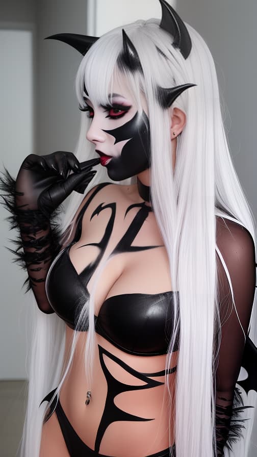  Black bat-shaped body paint in every corner of the whole body, white body paint all over the body, white face paint on the face, succubus,full body image female