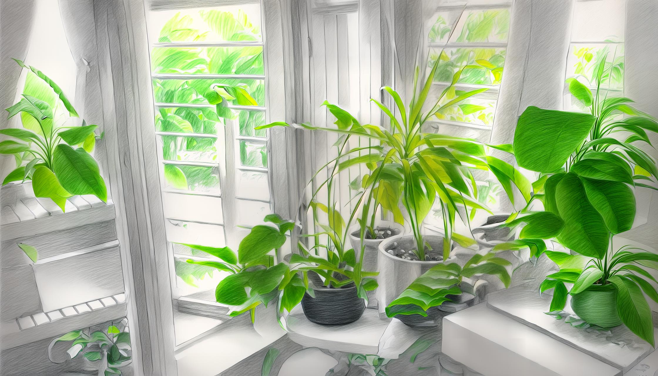  a hyper realistic pencil ,hand drawn professional pencil sketch of a window with a few potted plants in front of it , bw, masterpiece, sketch, best quality, sketch, grain