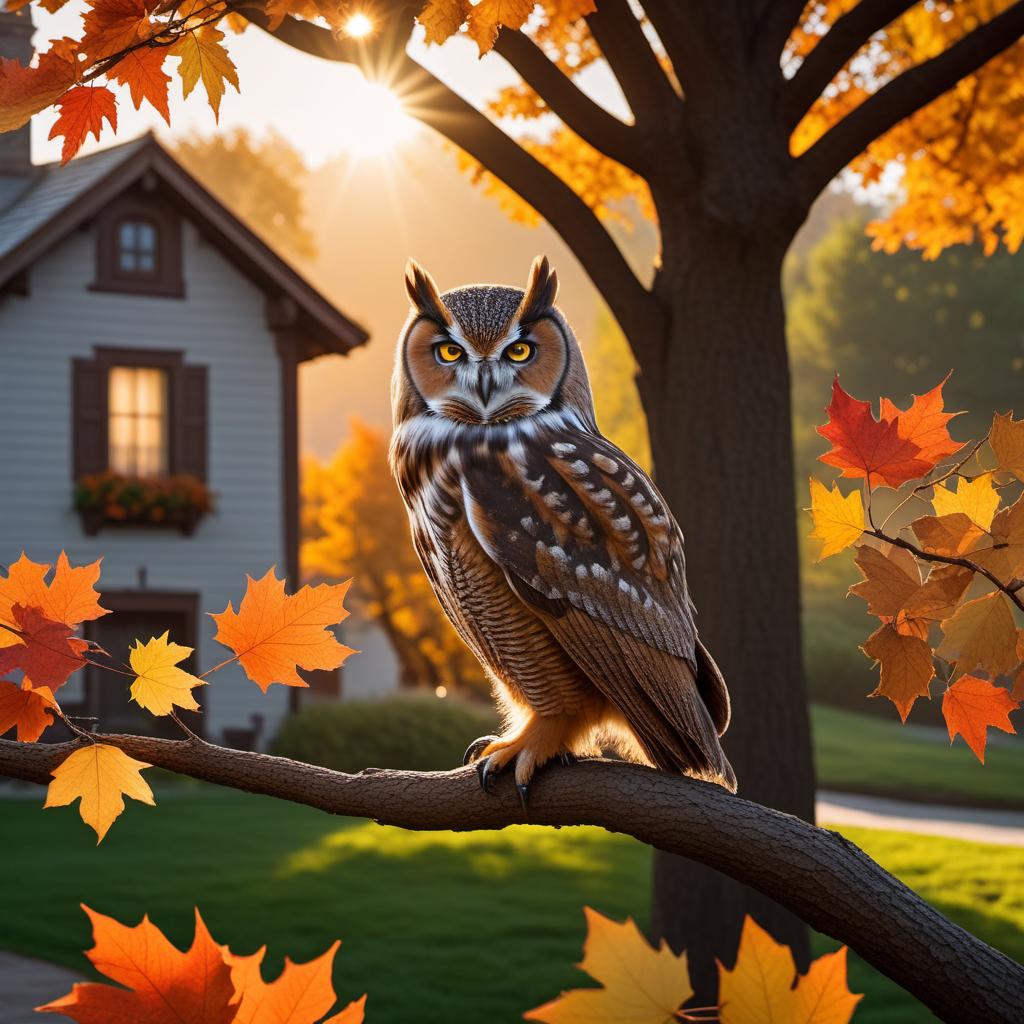  A warm Saturday morning scene with the sun rising, shining gently on a cozy home. In the yard, there's a small oak tree with colorful fall leaves starting to appear. In the background, the peaceful neighborhood is slowly waking up. Add a wise old owl perched on a nearby branch, and a subtle aura of motivation and positivity. hyperrealistic, full body, detailed clothing, highly detailed, cinematic lighting, stunningly beautiful, intricate, sharp focus, f/1. 8, 85mm, (centered image composition), (professionally color graded), ((bright soft diffused light)), volumetric fog, trending on instagram, trending on tumblr, HDR 4K, 8K