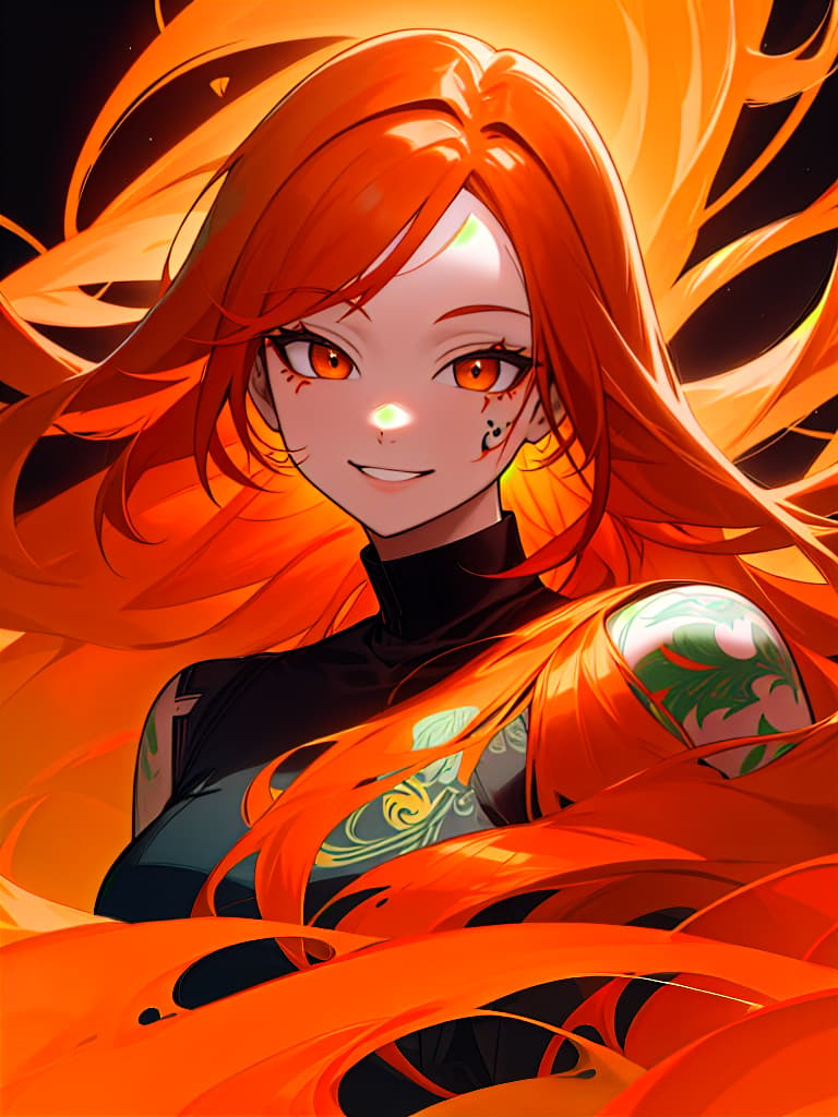  sauce, tattoo, smile, semi long, orange hair, masterpiece, best quality,8k,ultra detailed,high resolution,an extremely delicate and beautiful,hyper detail