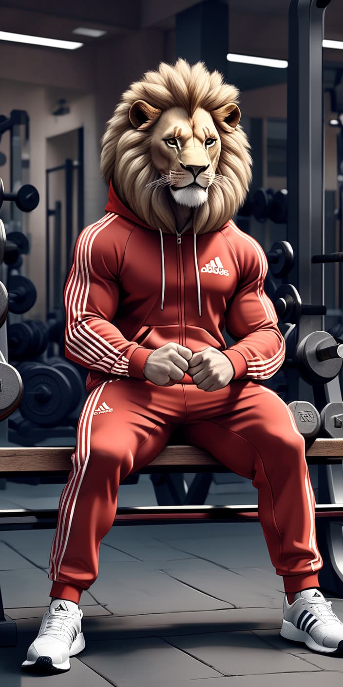  high quality, high detail, lion animal, lion in tracksuit "adidas", sitting on a bench, gym, dumbbells on the floor, drawing, looking at the camera