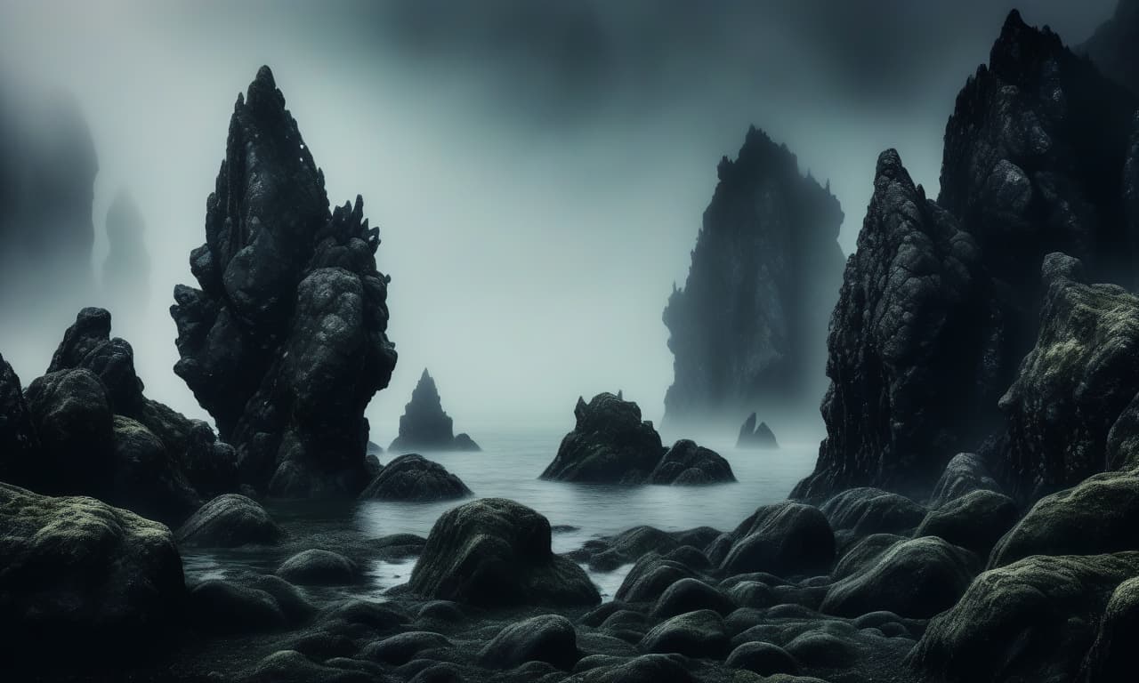  macabre style black mossy rocks. the rocks stand in the middle of the black sea. fog . dark, gothic, grim, haunting, highly detailed