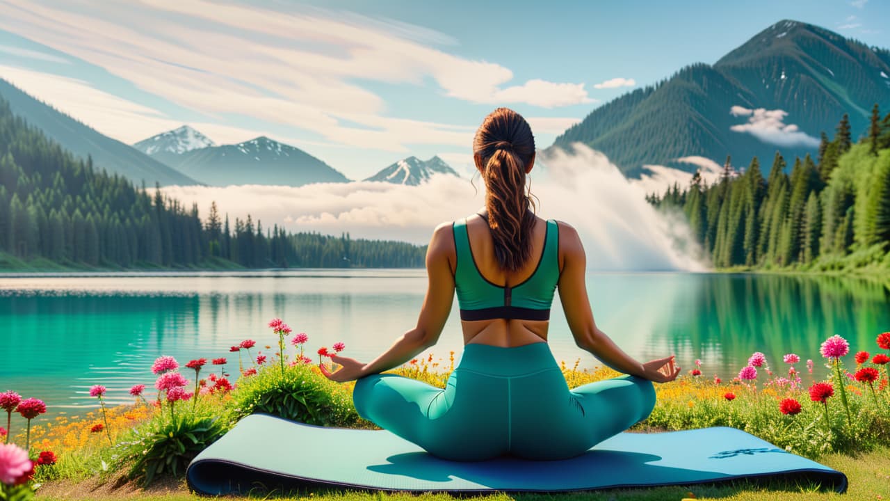  a serene landscape featuring a person practicing yoga on a lush green hill, surrounded by vibrant flowers and trees, with a crystal clear lake reflecting a bright blue sky and soft, fluffy clouds above. hyperrealistic, full body, detailed clothing, highly detailed, cinematic lighting, stunningly beautiful, intricate, sharp focus, f/1. 8, 85mm, (centered image composition), (professionally color graded), ((bright soft diffused light)), volumetric fog, trending on instagram, trending on tumblr, HDR 4K, 8K