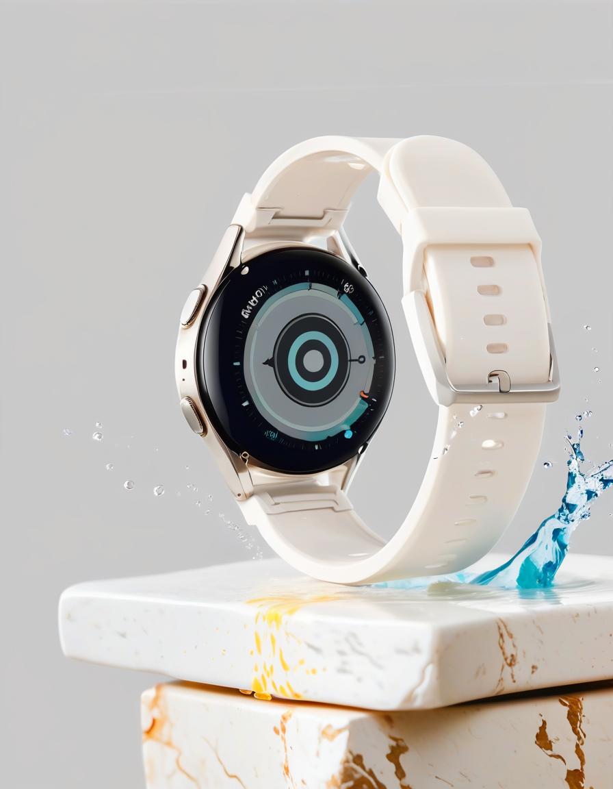  smart watch on white stone, in the background splashing water, light background, film photography style