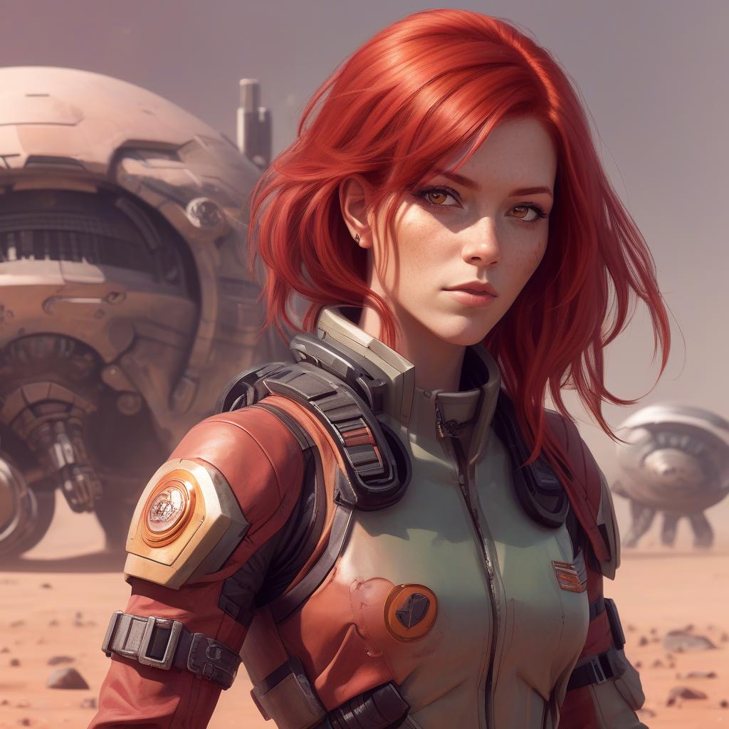  draw a full length female character, red hair, a character living on a distant colonized planet, specialization mercenary