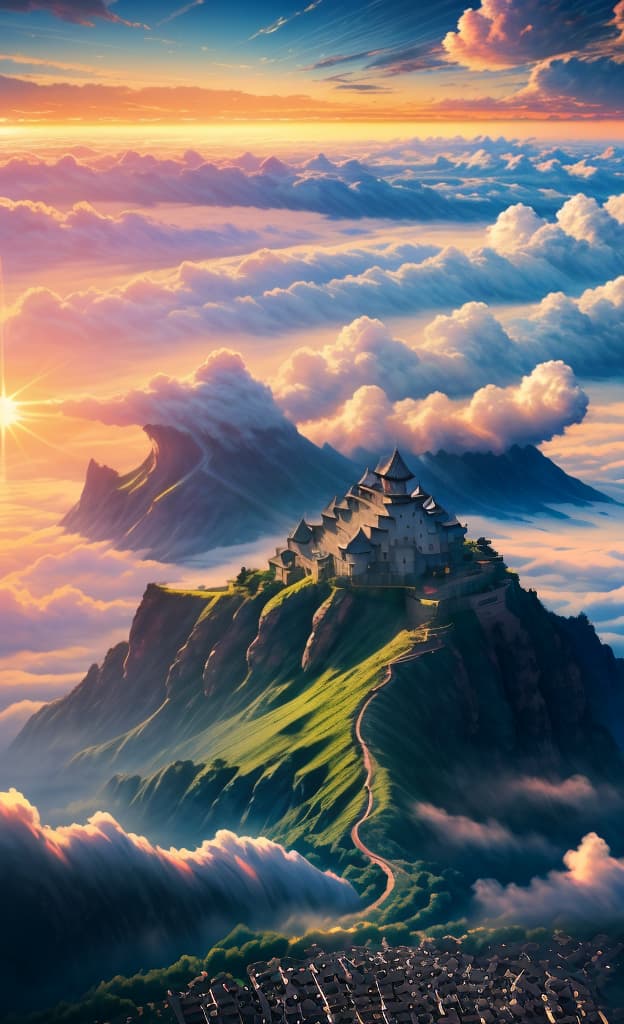  sunrise, sun on far, konohavillage, blue sky, clouds on sky, big sky, winds on clouds , cinematic, 8k, surreal, city, vilage on bottom, high quality, symmetrical balance, cinematic lighting, impressionism, focus point