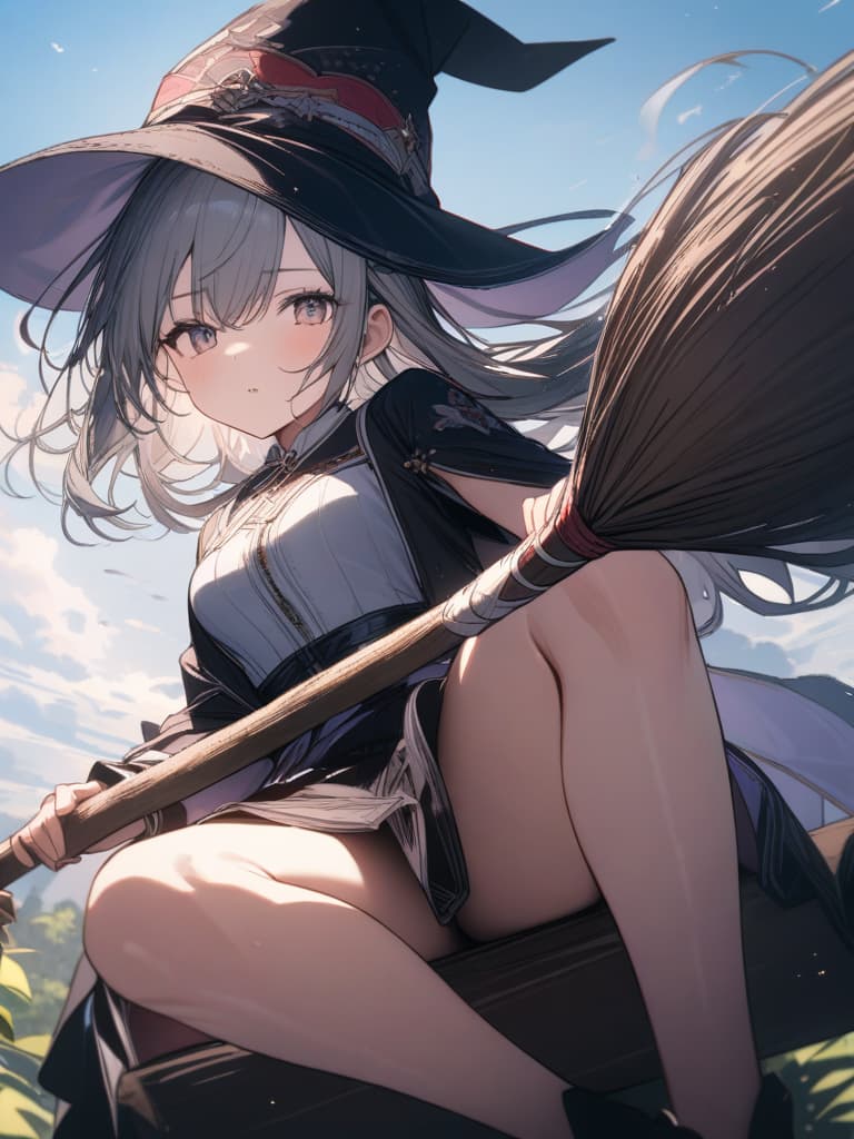  flying in the sky, riding in a broom, sitting on a broom, witch, holding a hat, a girl, sitting on a broom, on the broom, fluttering, holding down the hat, masterpiece, best quality,8k,ultra detailed,high resolution,an extremely delicate and beautiful,hyper detail