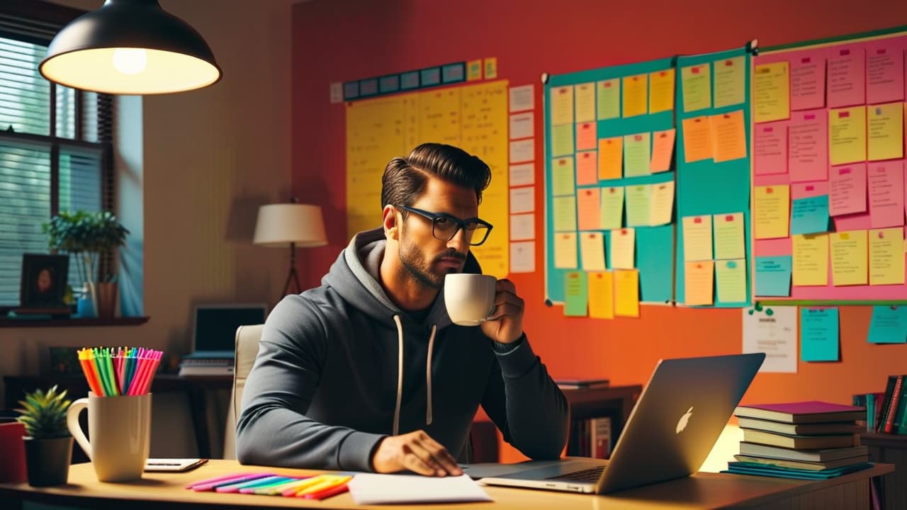  a cozy home office scene with a laptop open to a tutoring platform, a steaming cup of coffee beside it, colorful sticky notes scattered around, and a wall adorned with educational posters and charts. hyperrealistic, full body, detailed clothing, highly detailed, cinematic lighting, stunningly beautiful, intricate, sharp focus, f/1. 8, 85mm, (centered image composition), (professionally color graded), ((bright soft diffused light)), volumetric fog, trending on instagram, trending on tumblr, HDR 4K, 8K