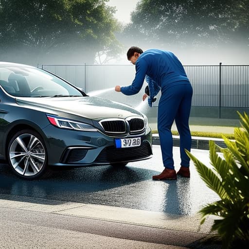  kids washing car and some of playing with water hyperrealistic, full body, detailed clothing, highly detailed, cinematic lighting, stunningly beautiful, intricate, sharp focus, f/1. 8, 85mm, (centered image composition), (professionally color graded), ((bright soft diffused light)), volumetric fog, trending on instagram, trending on tumblr, HDR 4K, 8K