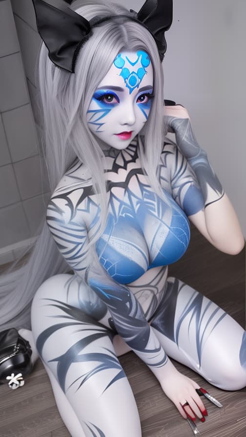  silver and blue bat pattern body paint in every corner of the body, Grey body paint all over the body, grey face paint on the face, Two dark elfs, full body image 女性