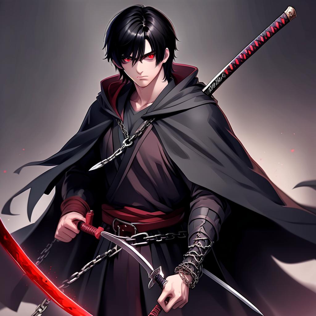  black haired guy about 17, brown eyes, slight paleness. in a cloak on an iron chain clasp. has a katana with a blood red blade