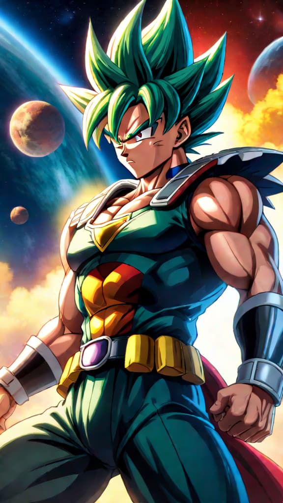  bardock from dragon ball in space armor, determined, journeying to earth, facing alien foes, anime art hyperrealistic, full body, detailed clothing, highly detailed, cinematic lighting, stunningly beautiful, intricate, sharp focus, f/1. 8, 85mm, (centered image composition), (professionally color graded), ((bright soft diffused light)), volumetric fog, trending on instagram, trending on tumblr, HDR 4K, 8K