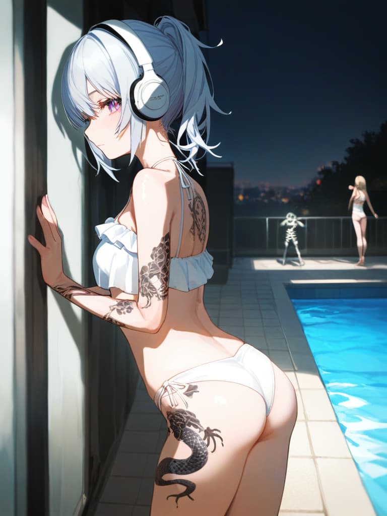  white headphones, white swimwear, poses that show their backs, poses on the wall, snake tattoo on , white frill pare, all body, feet, pool, standing, blond ponytail, tattoo on , tattoo on the back, small wings on the back. tattoo, headphones, tattoos on the legs, snake tattoo on , skeleton on arms, headphones, masterpiece, best quality,8k,ultra detailed,high resolution,an extremely delicate and beautiful,hyper detail