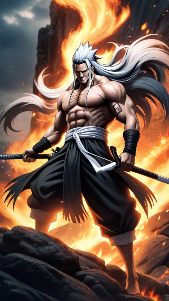  anime art: enigmatic warrior kenpachi zaraki balancing power and restraint in thrilling battles. hyperrealistic, full body, detailed clothing, highly detailed, cinematic lighting, stunningly beautiful, intricate, sharp focus, f/1. 8, 85mm, (centered image composition), (professionally color graded), ((bright soft diffused light)), volumetric fog, trending on instagram, trending on tumblr, HDR 4K, 8K