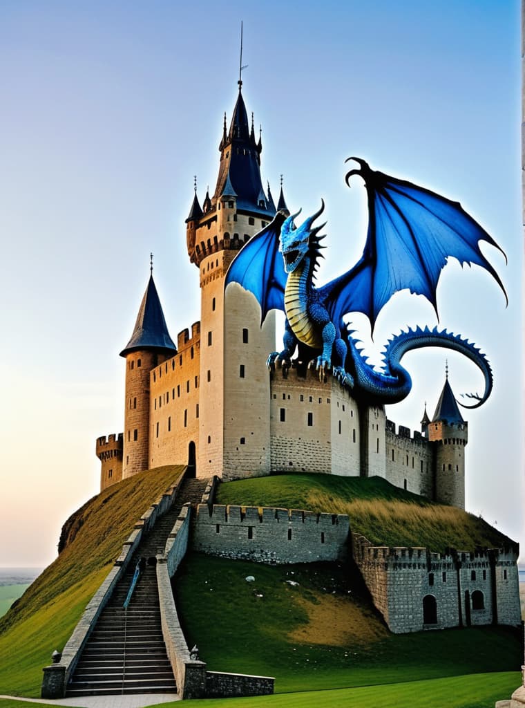  1 blue ghost dragon perched a top a castle tower clever haunted terrifying