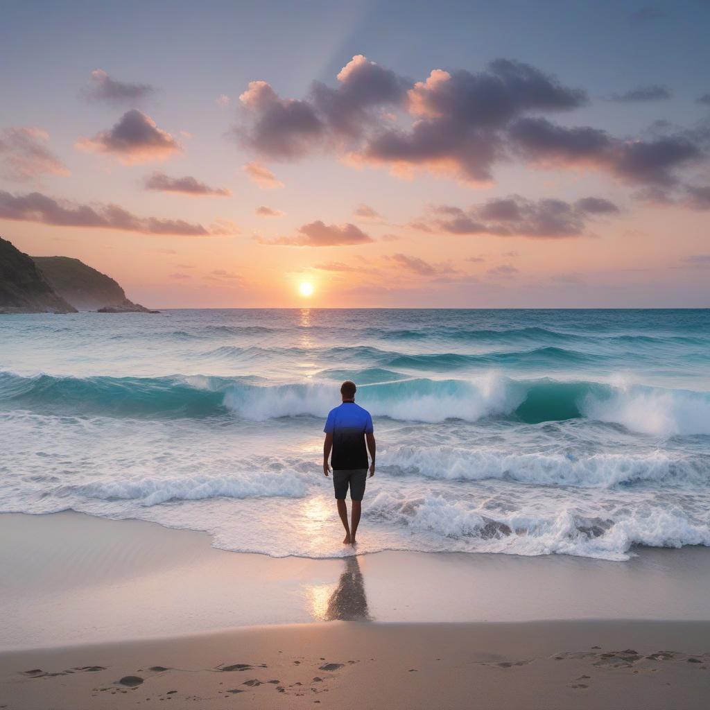  taking a relaxing walk along the beach deep in meditation , profile image style