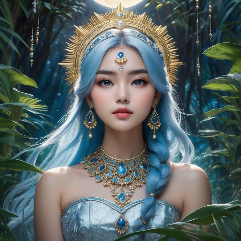  moon goddess, mysterious, dreamy, melancholic, romanticism, symbolism, goddess, fantasy, feminine beauty, moonlight, nighttime, low angle view, sharp focus, wide aperture, soft focus lens, highly detailed photo, sharp details, best quality, 4k, raw photo, woman, oracle, ahoge, light blue hair, forehead mark, white hairband, jewelry, half closed eyes, empty eyes, expressionless, gazing into the distance, jungle, god rays, depth of field, monet, award winning, professional, highly detailed, masterpiece