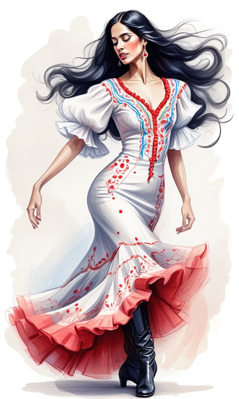  ethereal fantasy concept art of sketching with short strokes, with multicolor pencil, spanish dancer in spanish dress dancing flamenco, full length, in boots, long dress, beautiful eyes, slight smile, fine lines, elegant, on the white background. contours. long loose black hair. . magnificent, celestial, ethereal, painterly, epic, majestic, magical, fantasy art, cover art, dreamy