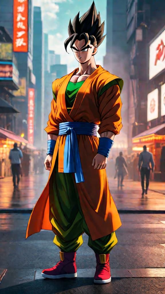  create an anime art of gohan as the great saiyaman in the bustling city of satan city. hyperrealistic, full body, detailed clothing, highly detailed, cinematic lighting, stunningly beautiful, intricate, sharp focus, f/1. 8, 85mm, (centered image composition), (professionally color graded), ((bright soft diffused light)), volumetric fog, trending on instagram, trending on tumblr, HDR 4K, 8K