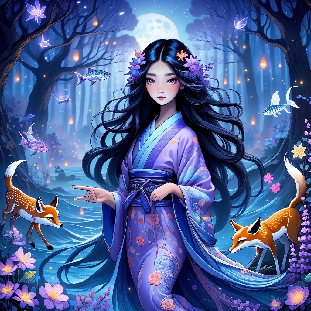  breathtaking Создано на основе запроса: photograph ogin a misty, enchanted forest at night, a beautiful female yokai with long black hair and flowing waves stands gracefully. her eyes glow softly, reflecting the moonlight, and she is dressed in a lavender kimono embroidered with moving patterns of flowers and stars. surrounding her are fantastical creatures: a group of rainbow colored flying fish, a three legged deer with a glowing blue flame on its back, and a fox with five tails, each tail blooming with glowing flowers. the scene exudes mystery and elegance . award winning, professional, highly detailed