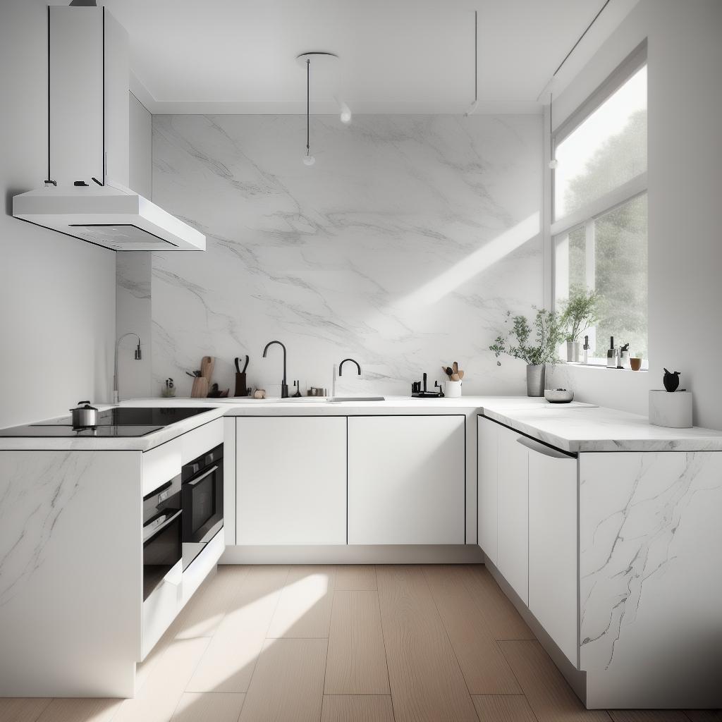  high resolution interior photography of a modern scandinavian style kitchen, minimalist design, light wood tones, sleek lines, pendant lamps, marble countertops, soft natural light, airy atmosphere, 8k, photorealistic, styles for printing, advanced detail processing style raw, best quality, masterpiece