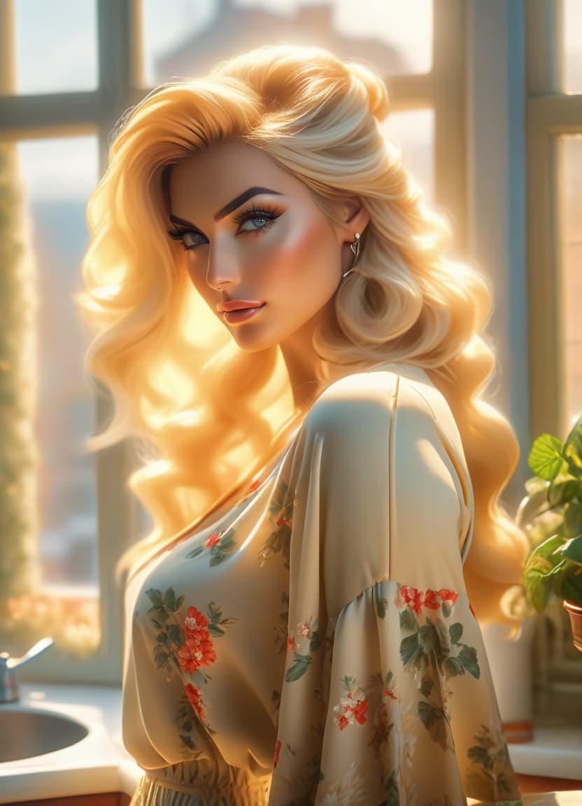  beautiful blonde, on the kitchen window in the dormitory hyperrealistic, full body, detailed clothing, highly detailed, cinematic lighting, stunningly beautiful, intricate, sharp focus, f/1. 8, 85mm, (centered image composition), (professionally color graded), ((bright soft diffused light)), volumetric fog, trending on instagram, trending on tumblr, HDR 4K, 8K