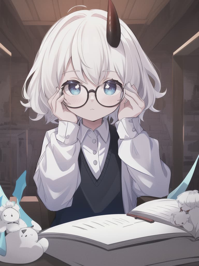  White hair, short hair, disturbed hair, boyish, boy, white clothes, polo shirts, black horns, glasses, upper body, cute, sitting, under rim glasses, holding glasses with both hands, blue and beautiful. Nah, bouncing hair, masterpiece, best quality,8k,ultra detailed,high resolution,an extremely delicate and beautiful,hyper detail