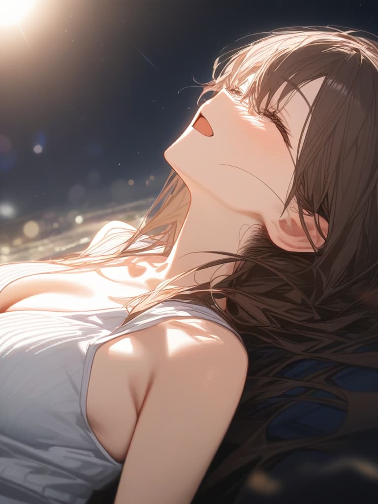  long brown hair long hair, transparent ephemeral, under the starry sky, wearing a white cardigan over a black sleeveless dress, laughing while looking up from the chest., masterpiece, best quality,8k,ultra detailed,high resolution,an extremely delicate and beautiful,hyper detail