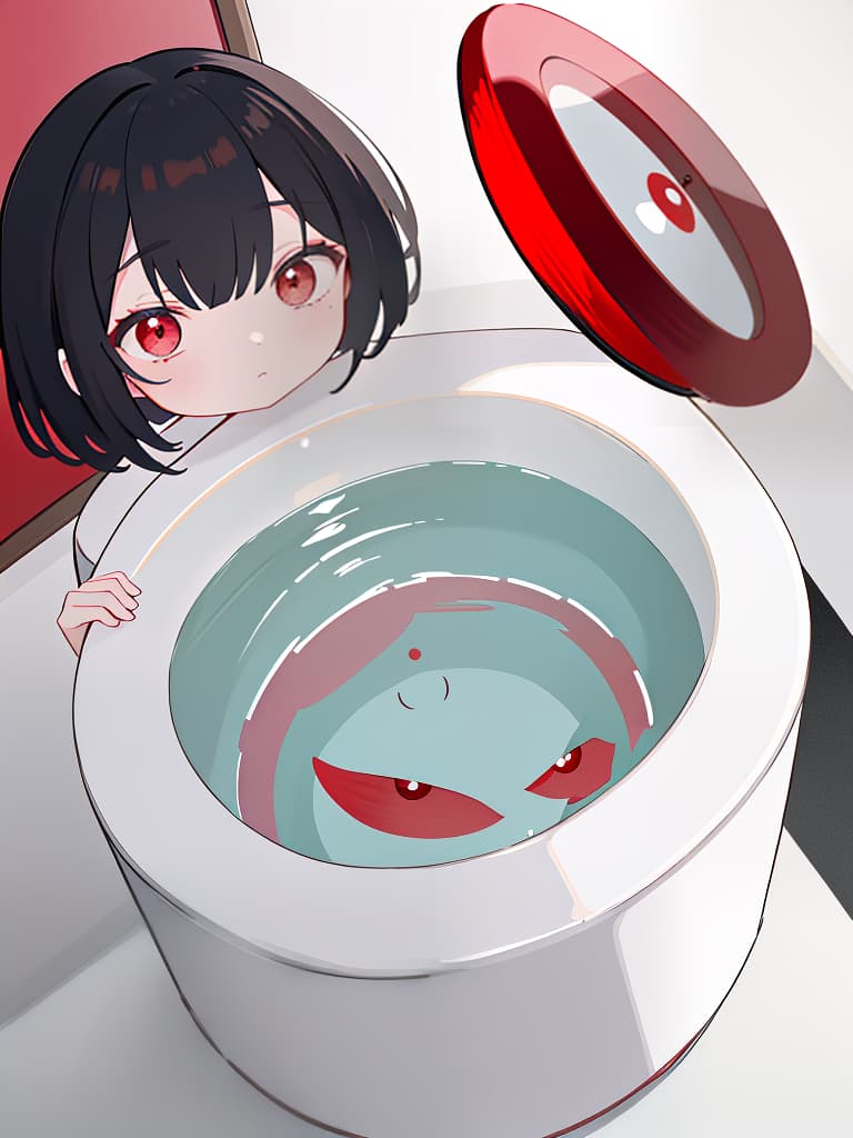  hanako in the toilet, red , black bob, toilet, dubious atmosphere, youkai, white shirt, masterpiece, best quality,8k,ultra detailed,high resolution,an extremely delicate and beautiful,hyper detail