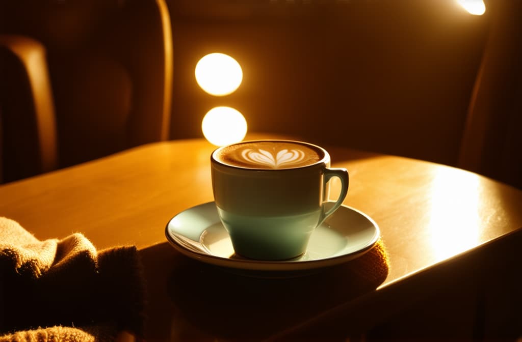  cinematic film style, coffee on a wooden table, cappuccino, autumn atmosphere, lights, blanket on a chair, cozy and atmospheric ar 3:2, shallow depth of field, vignette, maximum details, high budget hollywood movie, bokeh, cinemascope, moody, epic, gorgeous, sun rays and shadows on furniture and surfaces, flattering light, raw photo, photography, photorealistic, 8k resolution, f1.4, sharpened focus, sharp focus