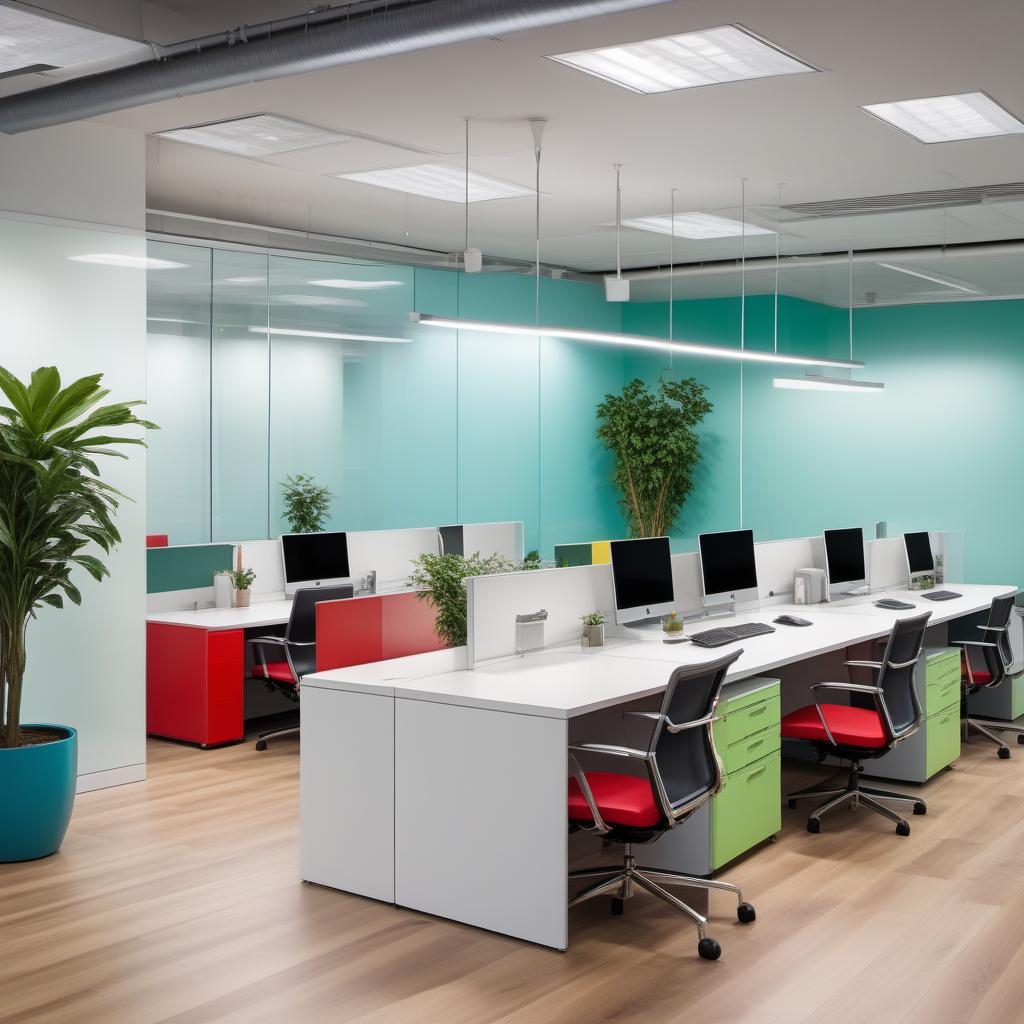  A call center for health insurance with six 12 white and gray cubicles, white walls, and wooden floors. Incorporate bright and motivational accent colors. The cubicle walls have yellow or blue trims or edges. There are colorful desk accessories in shades of red, green, or yellow. One or more accent walls painted with a lively color such as teal, light green, or soft blue. Use colorful rugs or mats in common areas and break areas. Hanging light fixtures or lamps with colored shades in key areas like the reception or break room. Chairs in common areas or break-out zones in bright colors like yellow, green, or blue, with colorful cushions or seat covers. Green plants in colorful pots arranged at the end of cubicle rows or near windows, colorfu hyperrealistic, full body, detailed clothing, highly detailed, cinematic lighting, stunningly beautiful, intricate, sharp focus, f/1. 8, 85mm, (centered image composition), (professionally color graded), ((bright soft diffused light)), volumetric fog, trending on instagram, trending on tumblr, HDR 4K, 8K