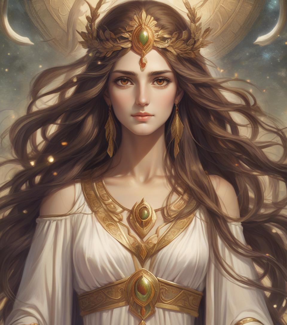  goddess of youth, with long hair and brown eyes, mythology artwork