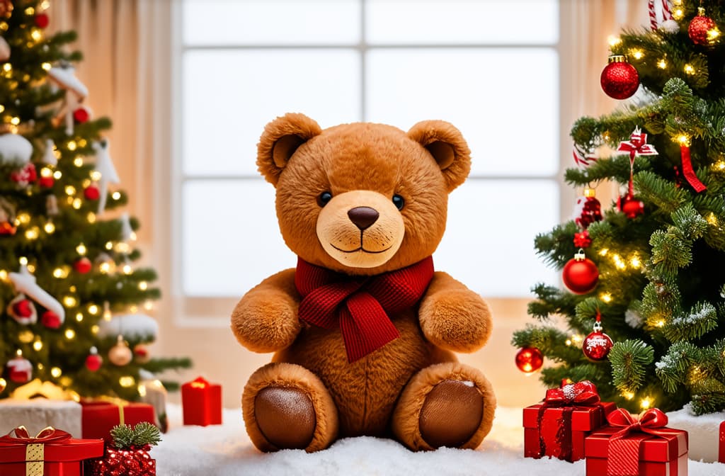  professional detailed photography, cozy christmas scene. a teddy bear's winter wonderland ar 3:2, (muted colors, dim colors, soothing tones), (vsco:0.3)