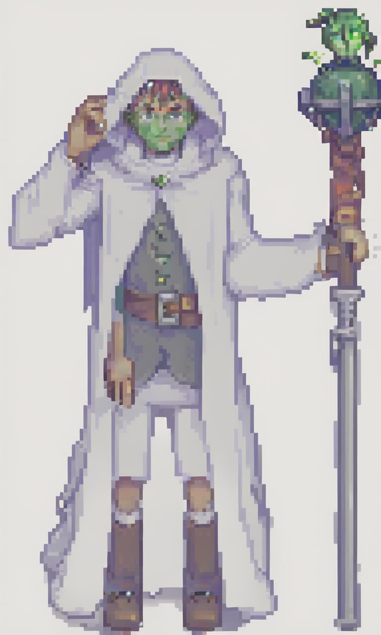  pixel art human , alchemist , wizard, white cape , green eyes, . low res, blocky, pixel art style, 8 bit graphics