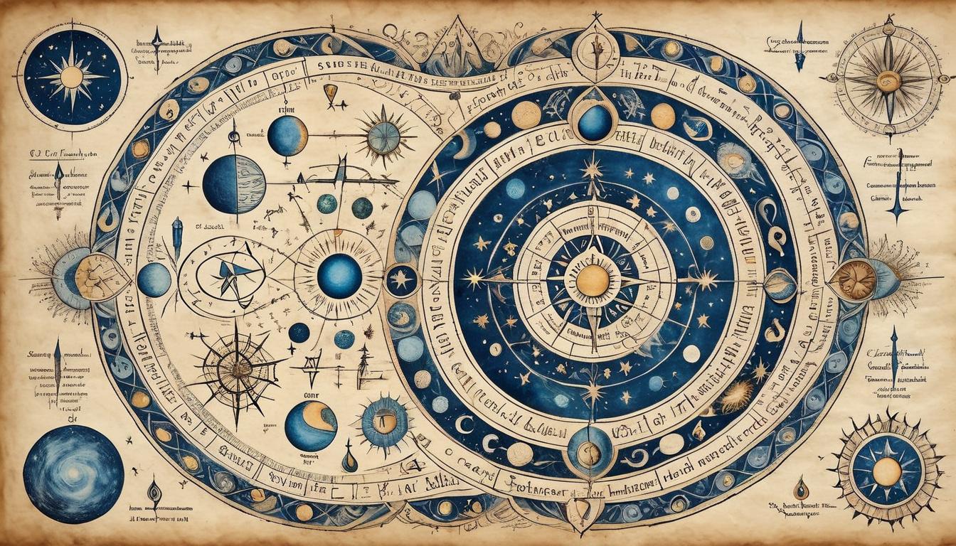  on parchment, surrealism+++, cosmic blueprint, intricate patterns interwoven with divine symbols, celestial designs unfolding, grand scheme, universe's tapestry(mysterious, provocative, symbolic,muted color)+++