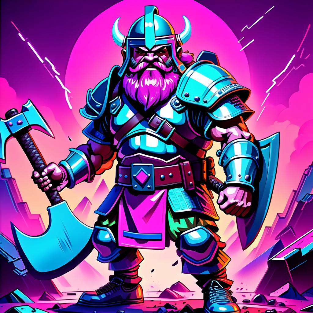  vaporwave style dwarf in heavy plates with large shoulder pads and in a plated closed helmet with an axe in his hands, which he holds with both hands, in a fighting pose in the middle of a fierce battle . retro aesthetic, cyberpunk, vibrant, neon colors, vintage 80s and 90s style, highly detailed