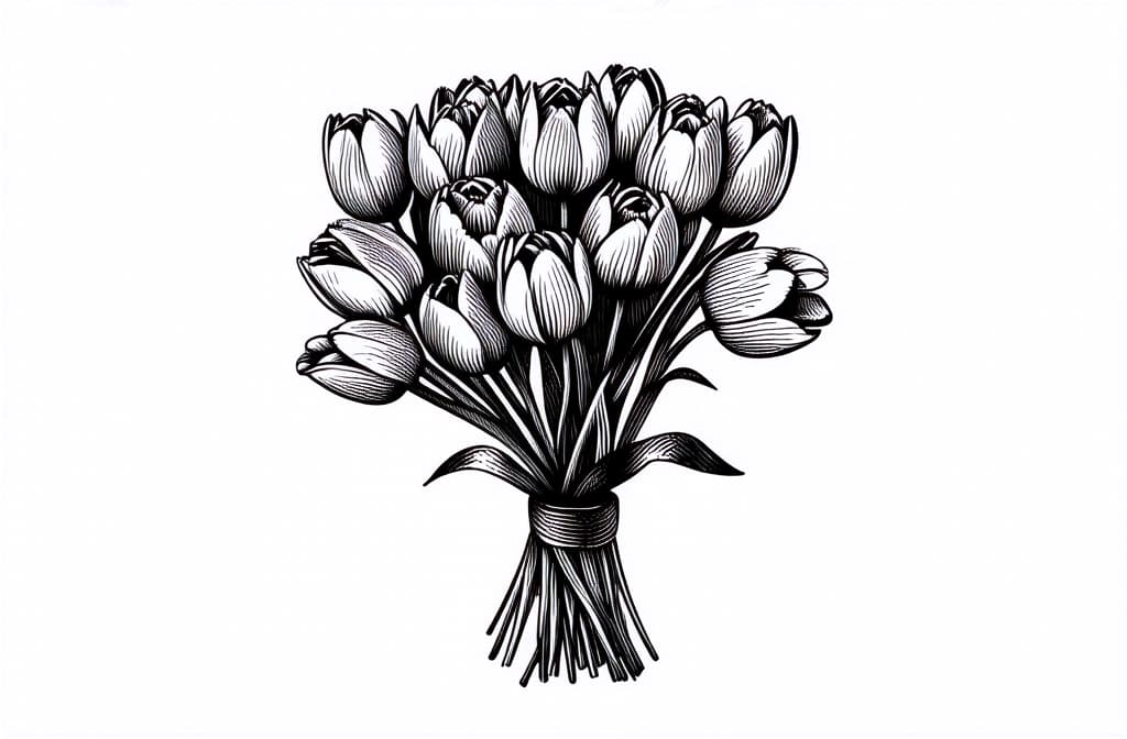  contour, very simple image in one unbroken black ink line, single line of tulip bouquet, engraving illustration, icon isolated on white ar 3:2 using a single continuous black line ink brushon white background, drawing should be created without lifting the pen, recognizable features of tulip bouquet, engraving illustration, icon isolated on white ar 3:2 in one unbroken line