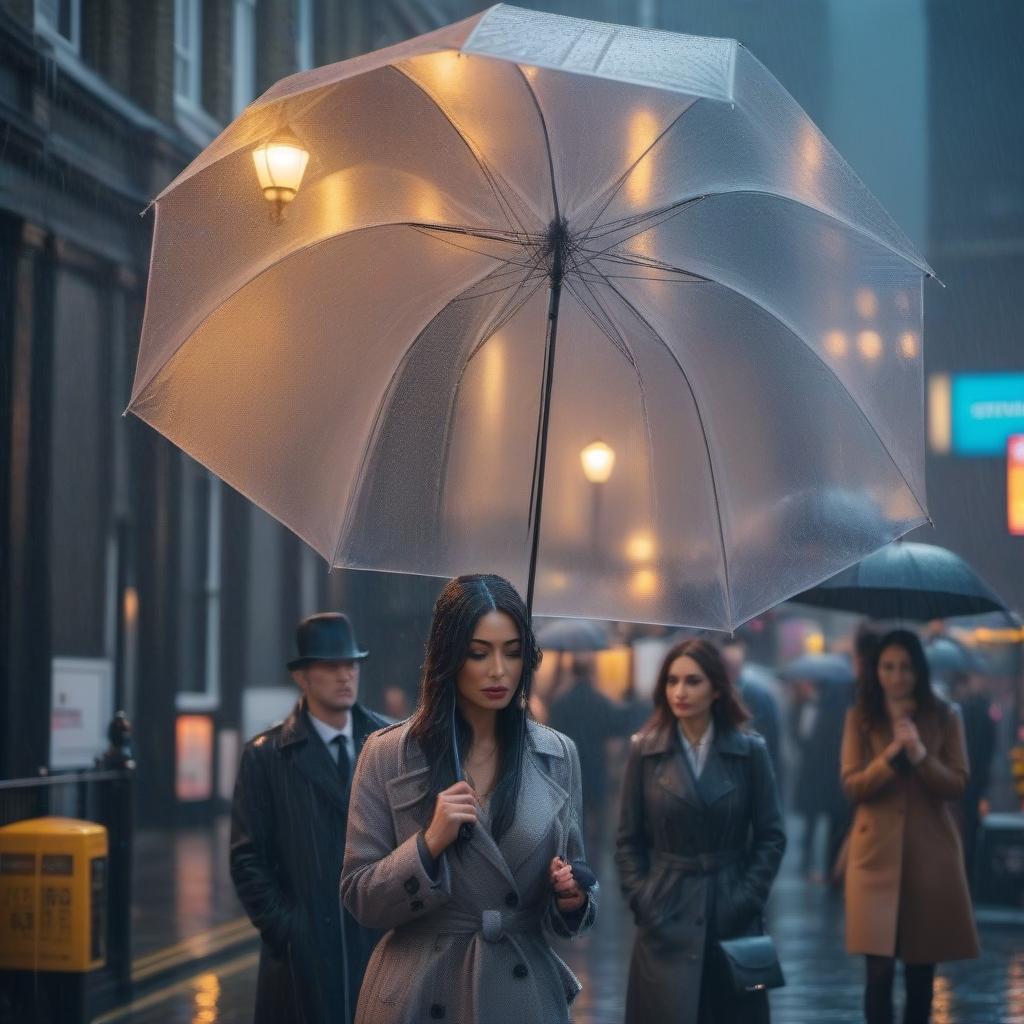  Rain in London, beautiful city landscape hyperrealistic, full body, detailed clothing, highly detailed, cinematic lighting, stunningly beautiful, intricate, sharp focus, f/1. 8, 85mm, (centered image composition), (professionally color graded), ((bright soft diffused light)), volumetric fog, trending on instagram, trending on tumblr, HDR 4K, 8K