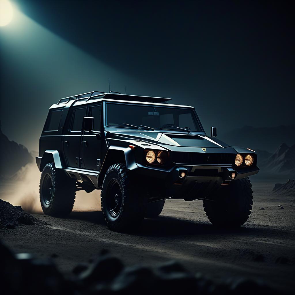  cinematic film still retro futuristic, black, brutal suv, reminiscent of the lamborghini lm 002 . shallow depth of field, vignette, highly detailed, high budget, bokeh, cinemascope, moody, epic, gorgeous, film grain, grainy