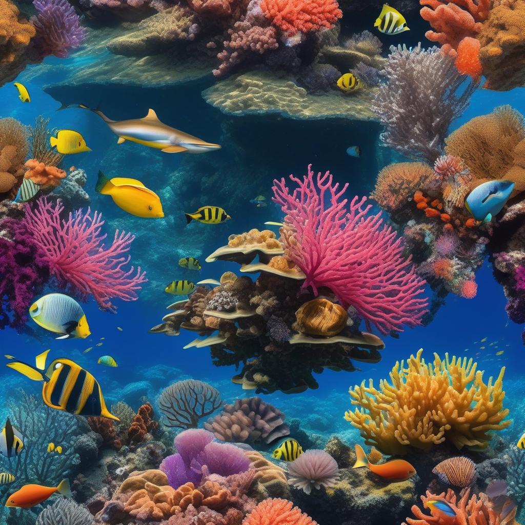  masterpiece, best quality, Most Beautiful in deep sea teeming with vibrant corals, diverse marine life, and enchanting underwater landscapes, full of corals, acrophore, small fishes, anemones, dolphin, various algaes, caves, colorful,all captured in stunning 8k resolution with intricate details.