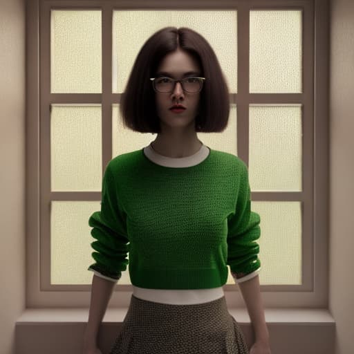 redshift style Woman in green sweater and checkered skirt posing for photo in front of window with hair in tail, MilaAzul, optical illusion, cute, color photography