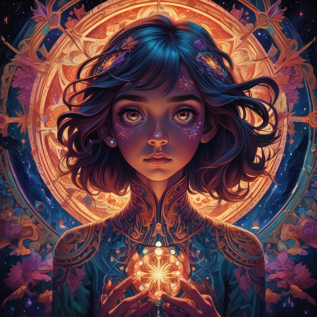  a girl with kaleidoscope eyes, vivid, expressive , centered, symmetry, painted, intricate, volumetric lighting, beautiful, rich deep colors masterpiece, sharp focus, ultra detailed, in the style of dan mumford and marc simonetti, astrophotography