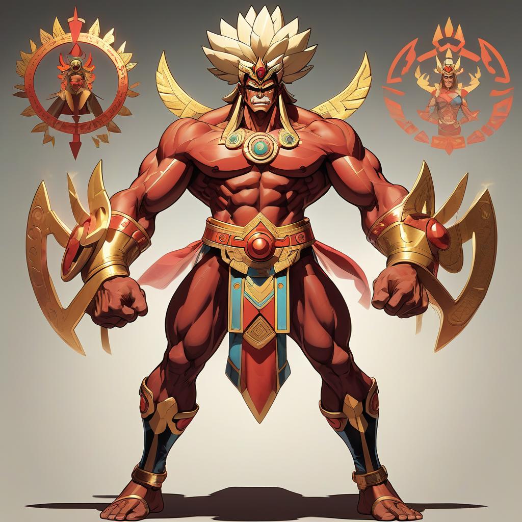  visualization of power as a person, full height, characteristic power posture, characteristic power physique, characteristic power facial expression, characteristic power hairstyle, characteristic power dress, male character, aztec style, mature age, similar to lorgenom of gurren laggan